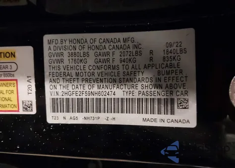 2022 Honda Civic Sport z USA, uszkodzony, nr VIN 2HGFE2F59NH602474